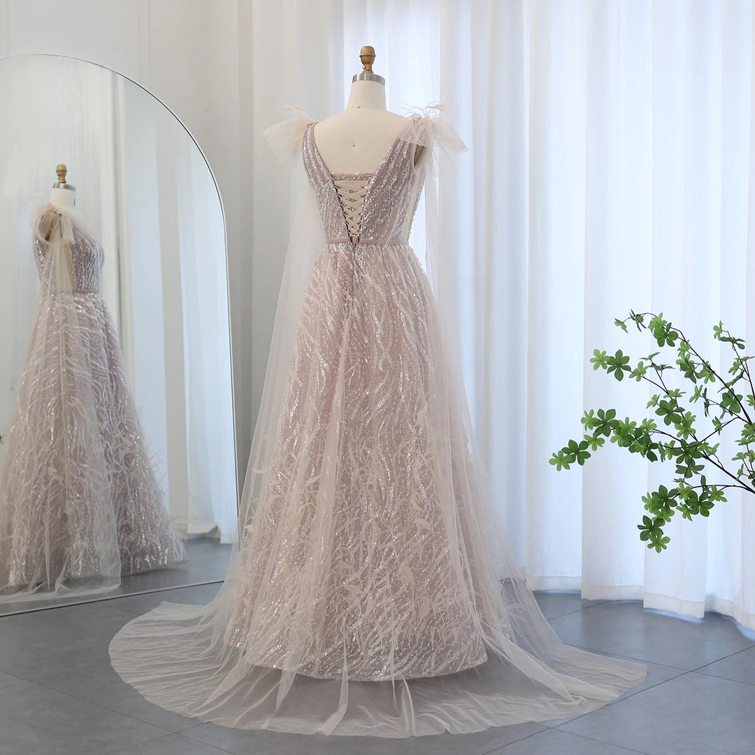 Dreamy Vow Arabic Pink Feathers Luxury Evening Dresses with Cape SS537