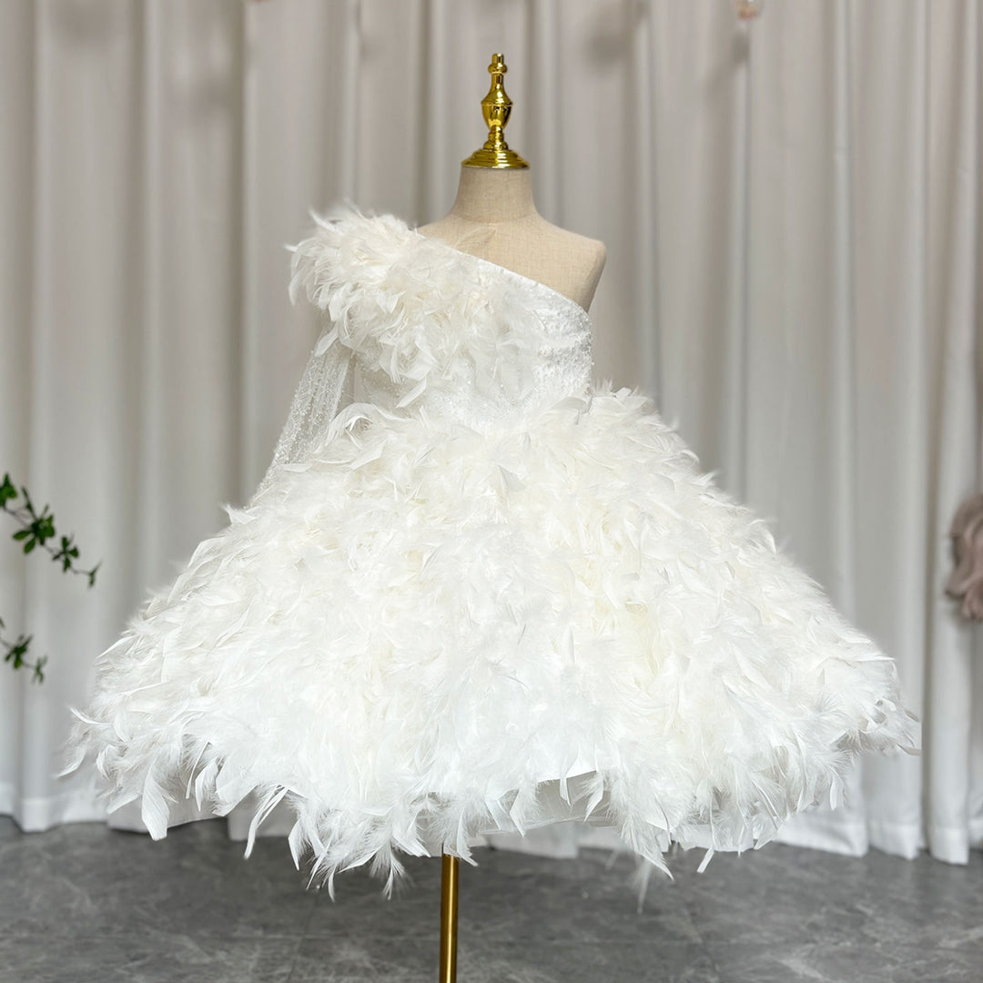 DreamyVow Luxury Arabic White Girl Dress Feathers Princess J394