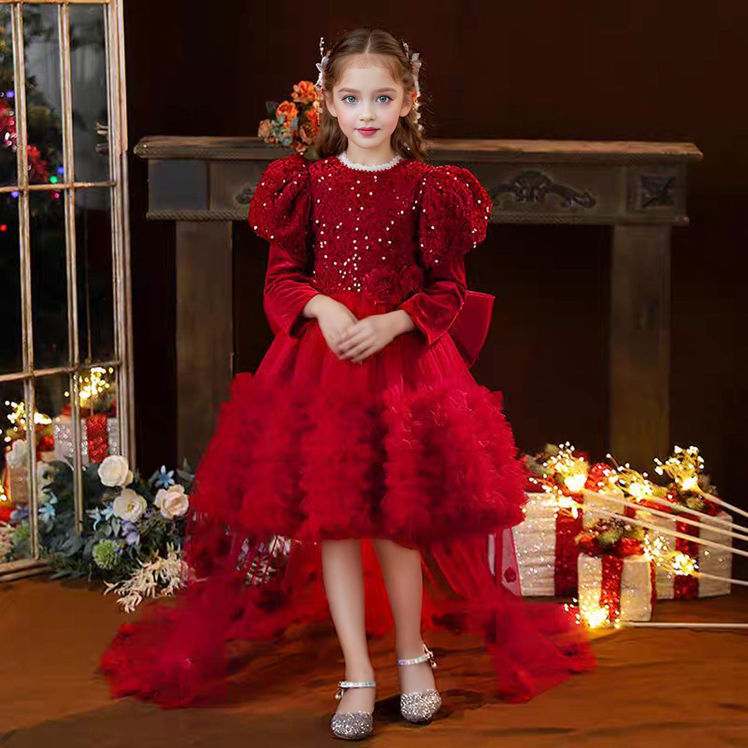 Dreamy Burgundy Sequins Princess Girl Dress for Birthday Pageant J406