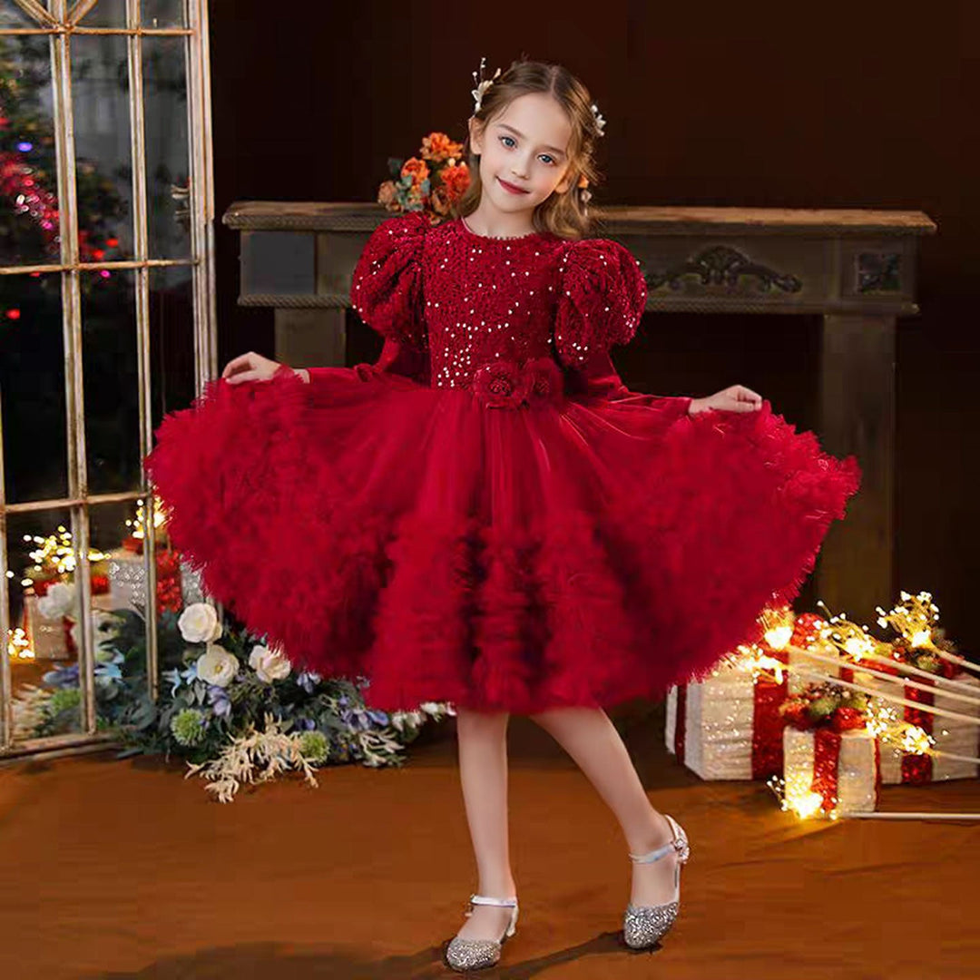 Dreamy Burgundy Sequins Princess Girl Dress for Birthday Pageant J406