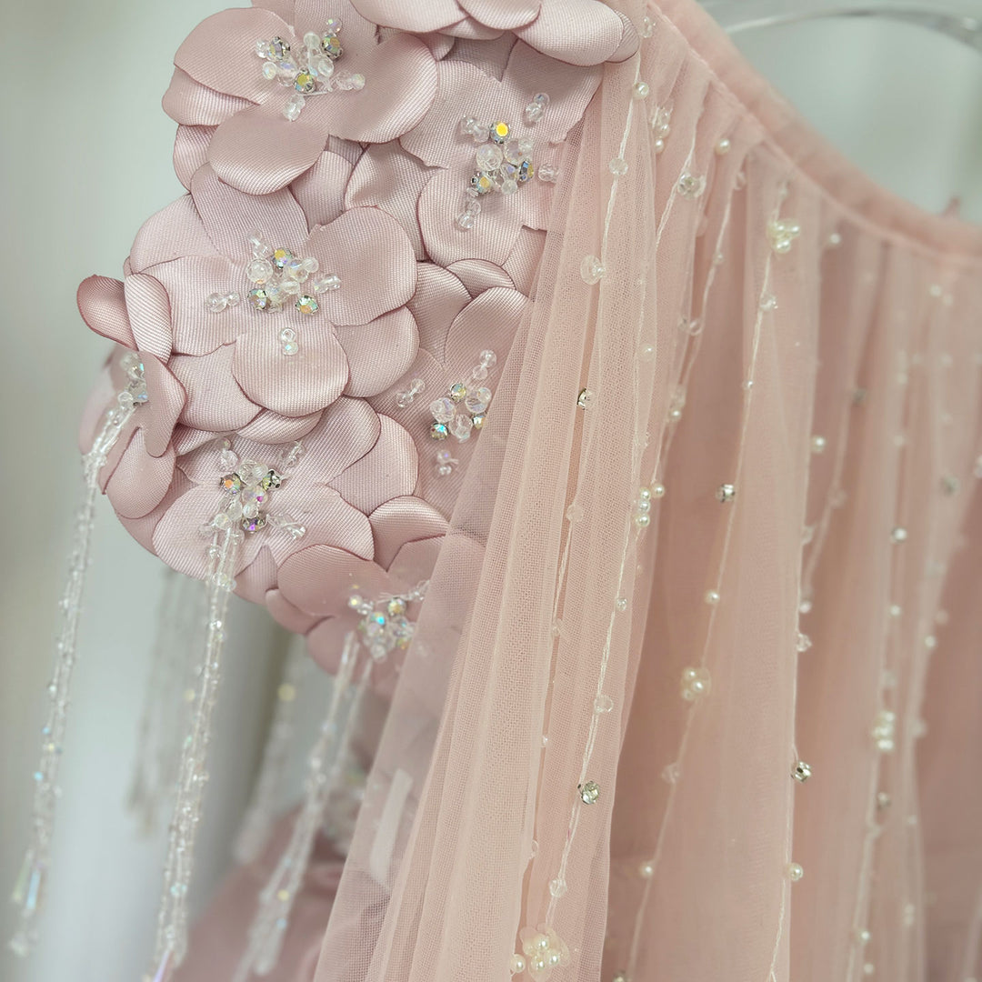 DreamyVow Luxury Dusty Pink Girl Dress Beadeds Arabic with Cap J037