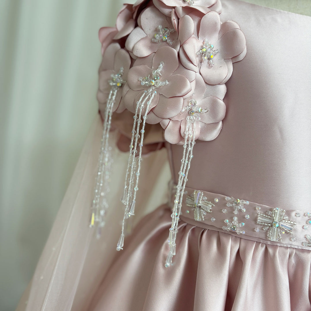 DreamyVow Luxury Dusty Pink Girl Dress Beadeds Arabic with Cap J037