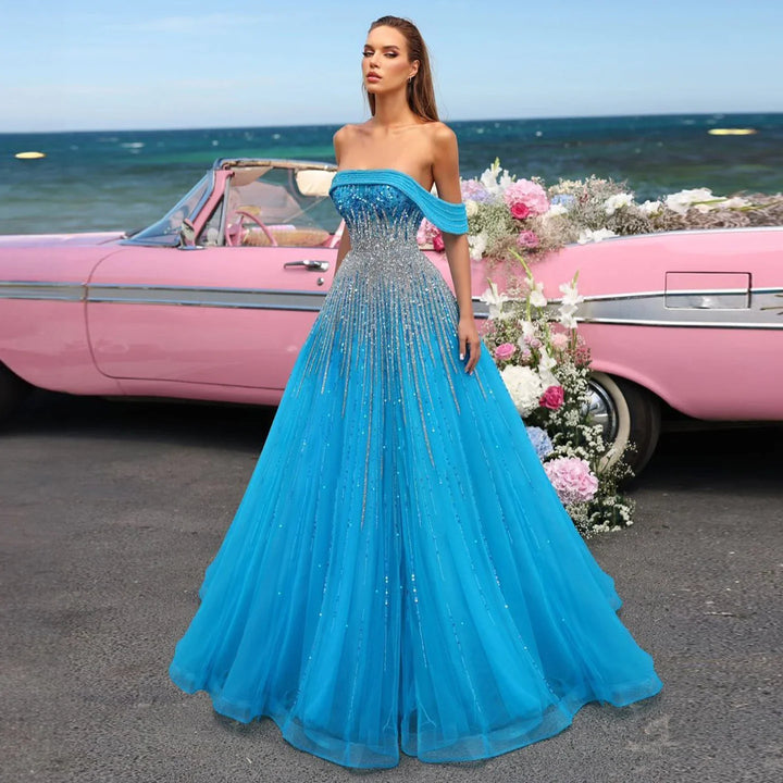 Turquoise Blue Luxury Dubai Evening Dress Off Shoulder SS191