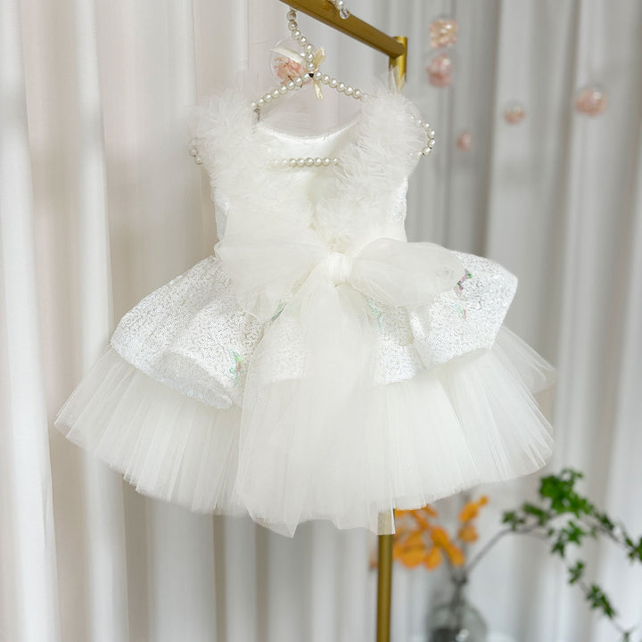 DreamyVow Sequins White Flower Girl Dress Knee Length Arabic Princess Gown J281