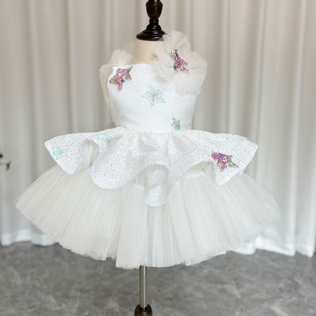 DreamyVow Sequins White Flower Girl Dress Knee Length Arabic Princess Gown J281