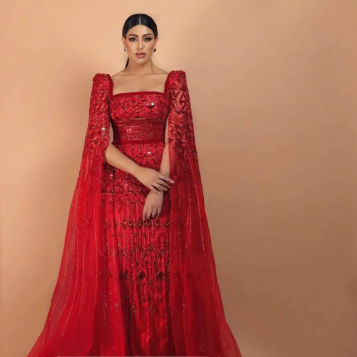 Dreamy Vow Luxury Wine Red Arabic Burgundy Evening Dress with Cape Sleeves 2024 Elegant Dubai Women Wedding Party Gowns SS461