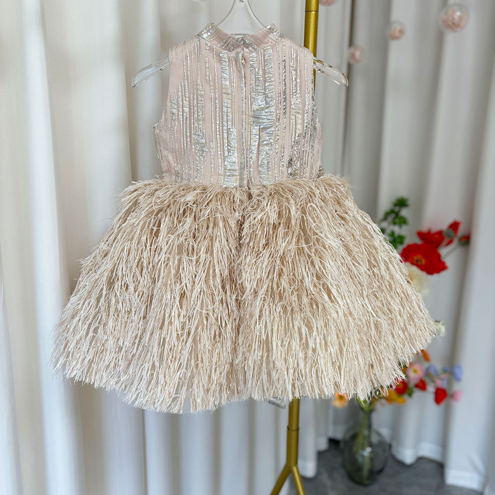 DreamyVow Luxury Champagne Girl Dress Feathers Dubai Kids Pink J323