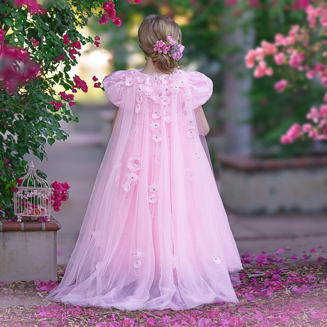 DreamyVow Sky Blue Arabic Flower Girl Dresses Crystal with Cape 3D Flowers J098