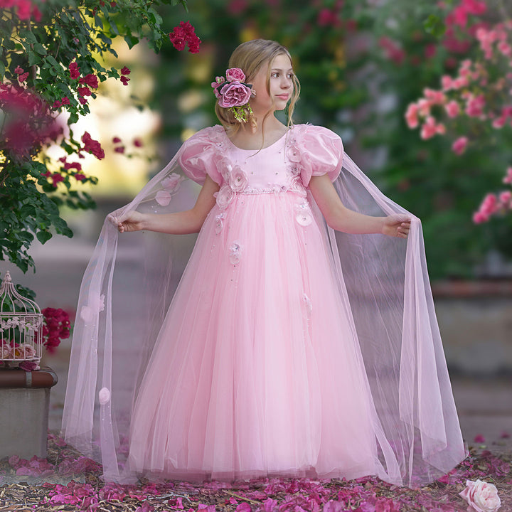 DreamyVow Sky Blue Arabic Flower Girl Dresses Crystal with Cape 3D Flowers J098