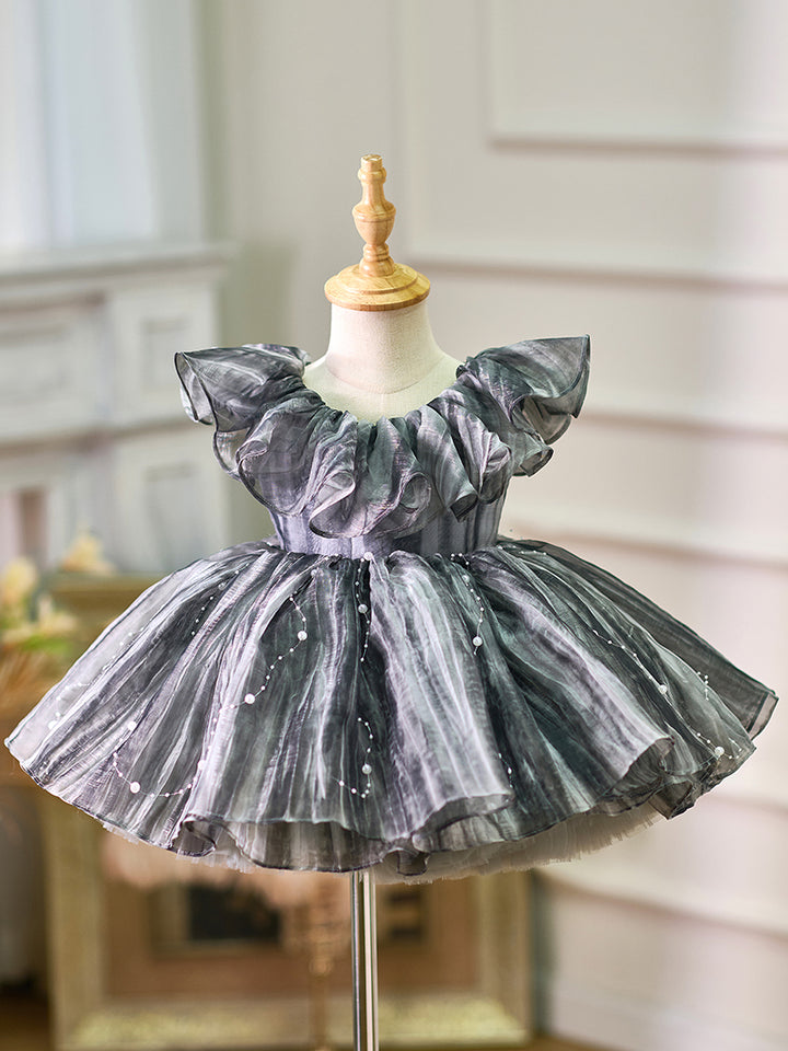 DreamyVow Black Baby Puffy Sleeve Pearls Knee Length Birthday Girl Dress J024