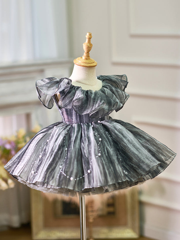 DreamyVow Black Baby Puffy Sleeve Pearls Knee Length Birthday Girl Dress J024