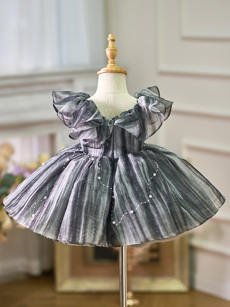 DreamyVow Black Baby Puffy Sleeve Pearls Knee Length Birthday Girl Dress J024