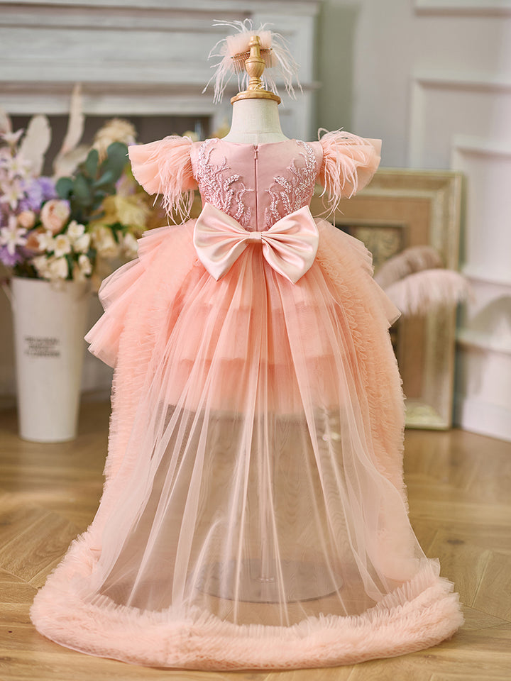 DreamyVow Pink Baby Puffy Sleeve Beads Knee Length Birthday Girl Dress J045