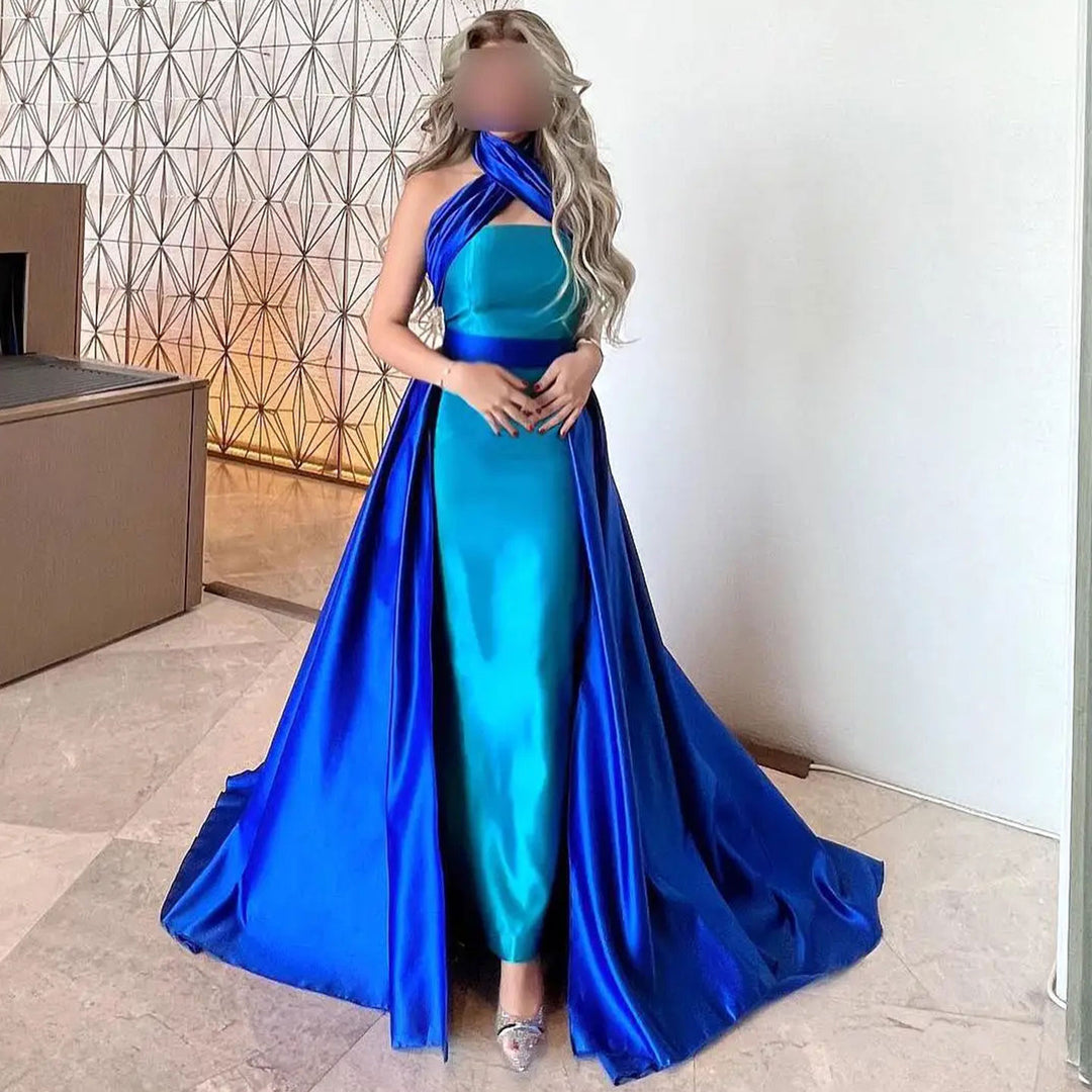 Dreamy Vow Arabic Royal Blue Contrast Turquoise Evening Dress with Overskirt Criss Cross Halter Women Wedding Party Dress SF012