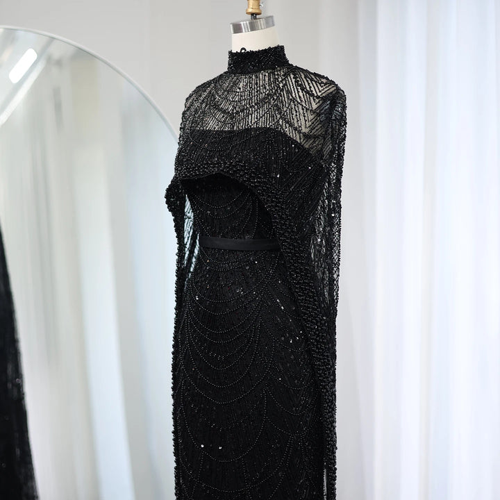 Luxury Pearls Champagne Evening Dresses with Cape SS369