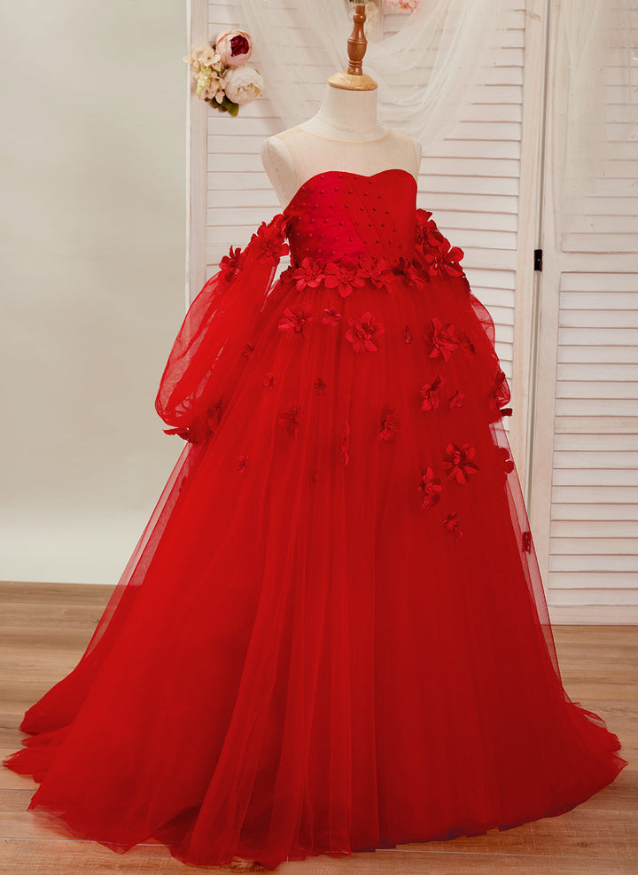 DreamyVow Elegant 3D Flowers Red Girl Dress Long Sleeve Princess Gown J274