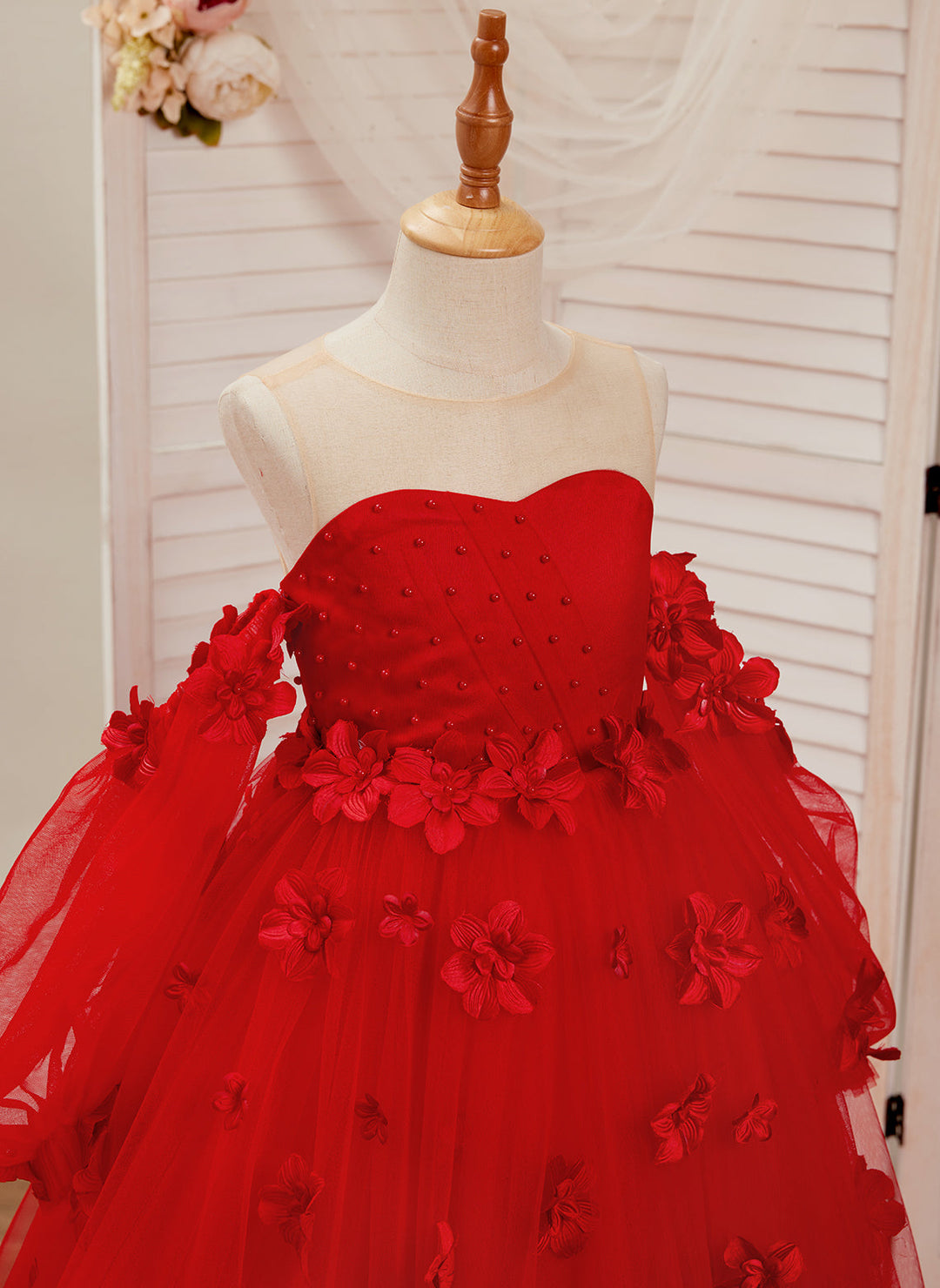 DreamyVow Elegant 3D Flowers Red Girl Dress Long Sleeve Princess Gown J274