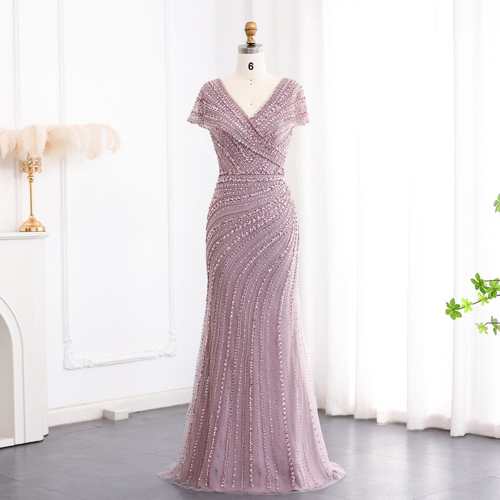 Dreamy Vow Luxury Dubai Silver Nude Mermaid Evening Dresses for Women Wedding Elegant Cap Sleeves Arab Formal Party Gowns SS045