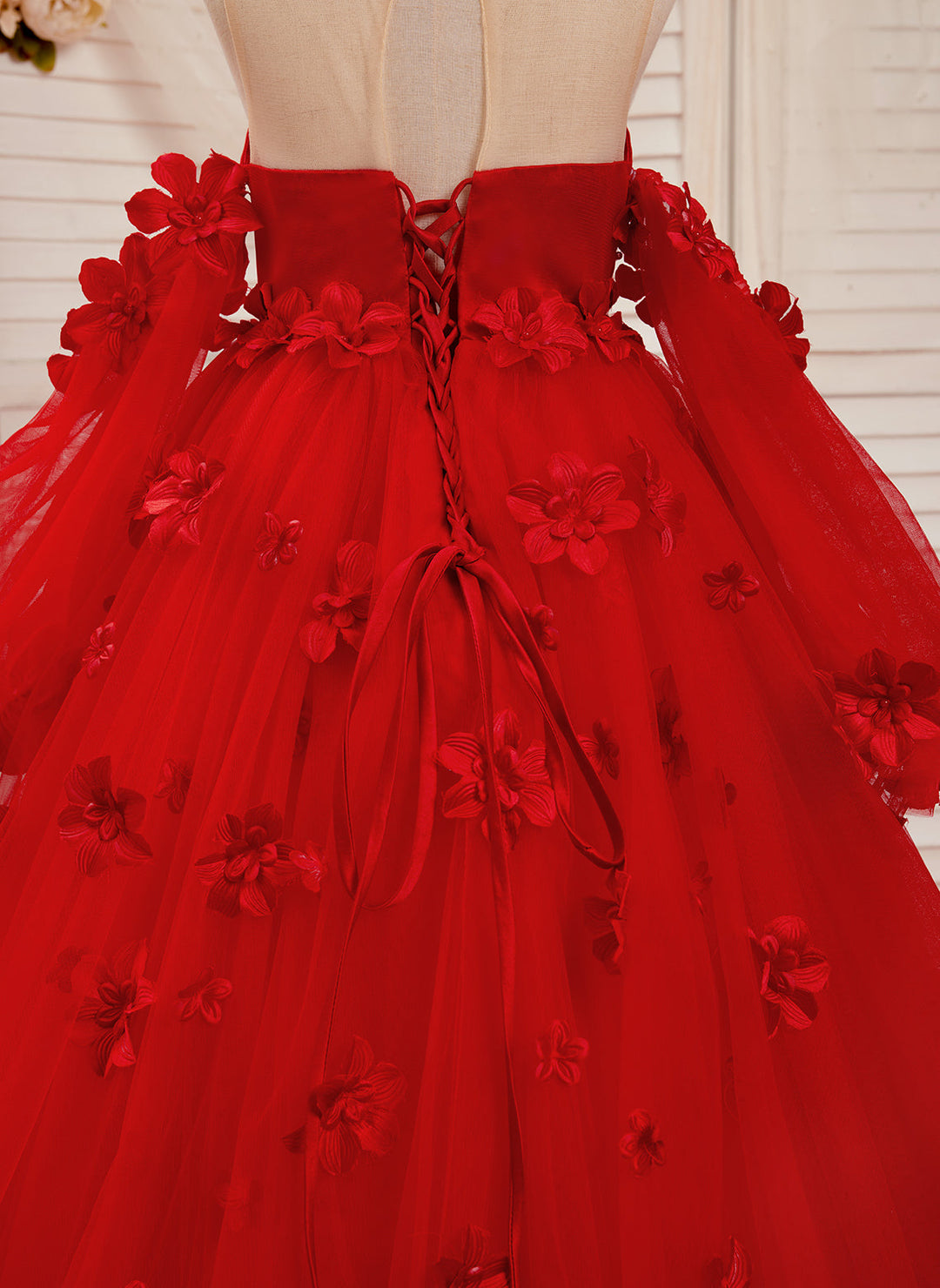 DreamyVow Elegant 3D Flowers Red Girl Dress Long Sleeve Princess Gown J274