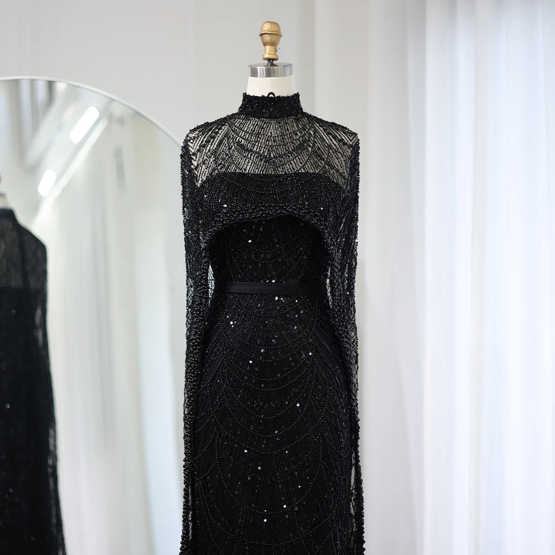 Luxury Pearls Champagne Evening Dresses with Cape SS369