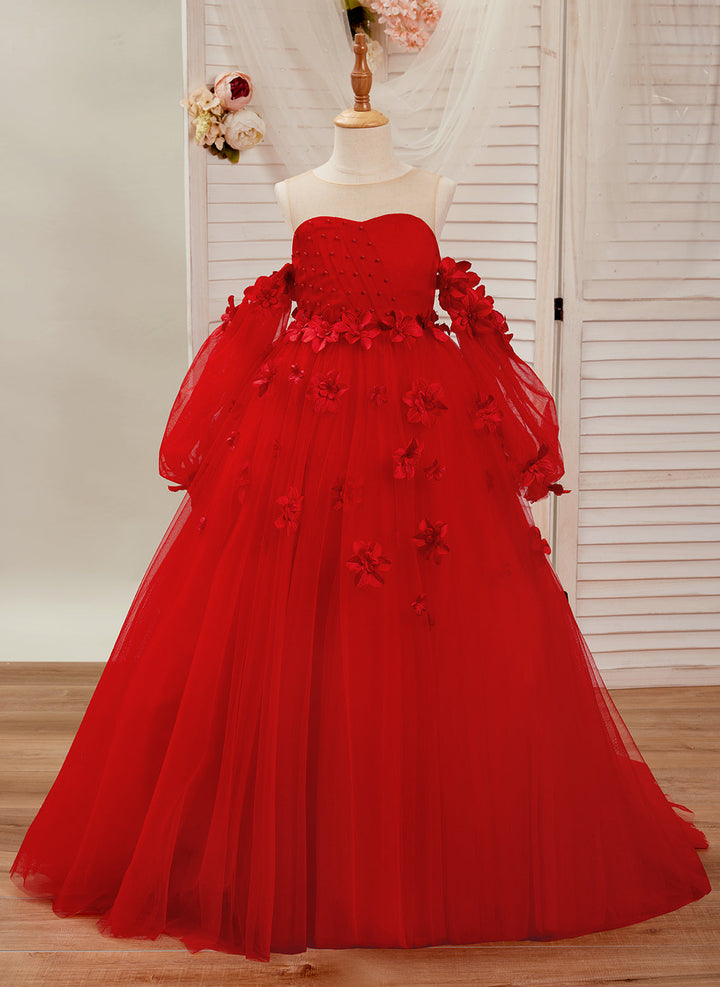 DreamyVow Elegant 3D Flowers Red Girl Dress Long Sleeve Princess Gown J274