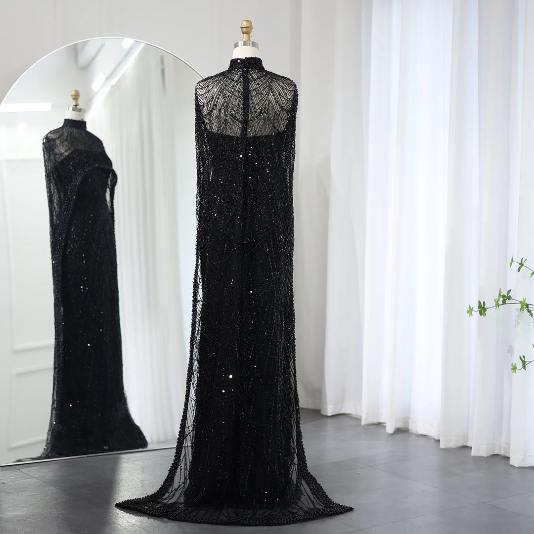 Luxury Pearls Champagne Evening Dresses with Cape SS369