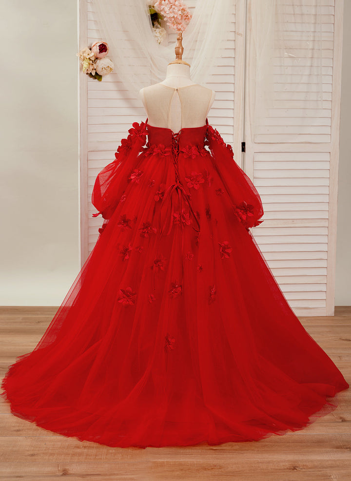 DreamyVow Elegant 3D Flowers Red Girl Dress Long Sleeve Princess Gown J274