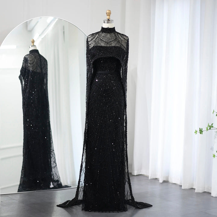 Luxury Pearls Champagne Evening Dresses with Cape SS369