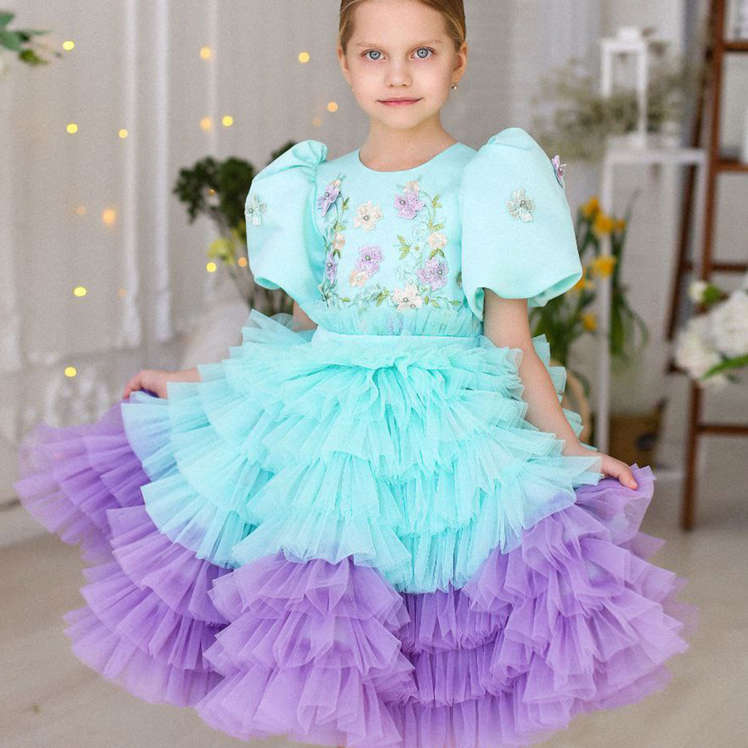 DreamyVow Elegant Sage Green Tulle Girl Dress 3D Flowers knee Length Arabic J174