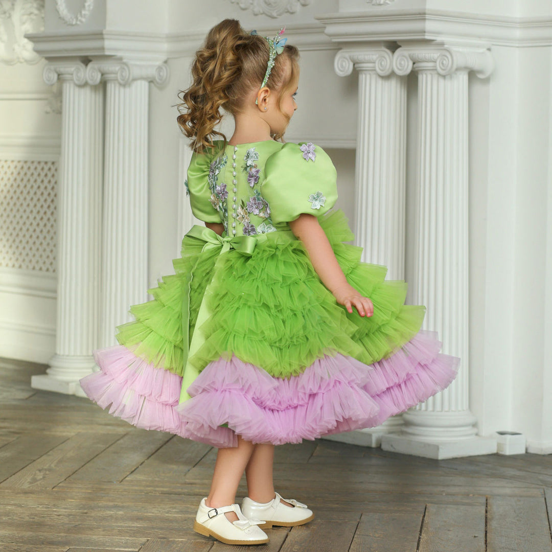 DreamyVow Elegant Sage Green Tulle Girl Dress 3D Flowers knee Length Arabic J174