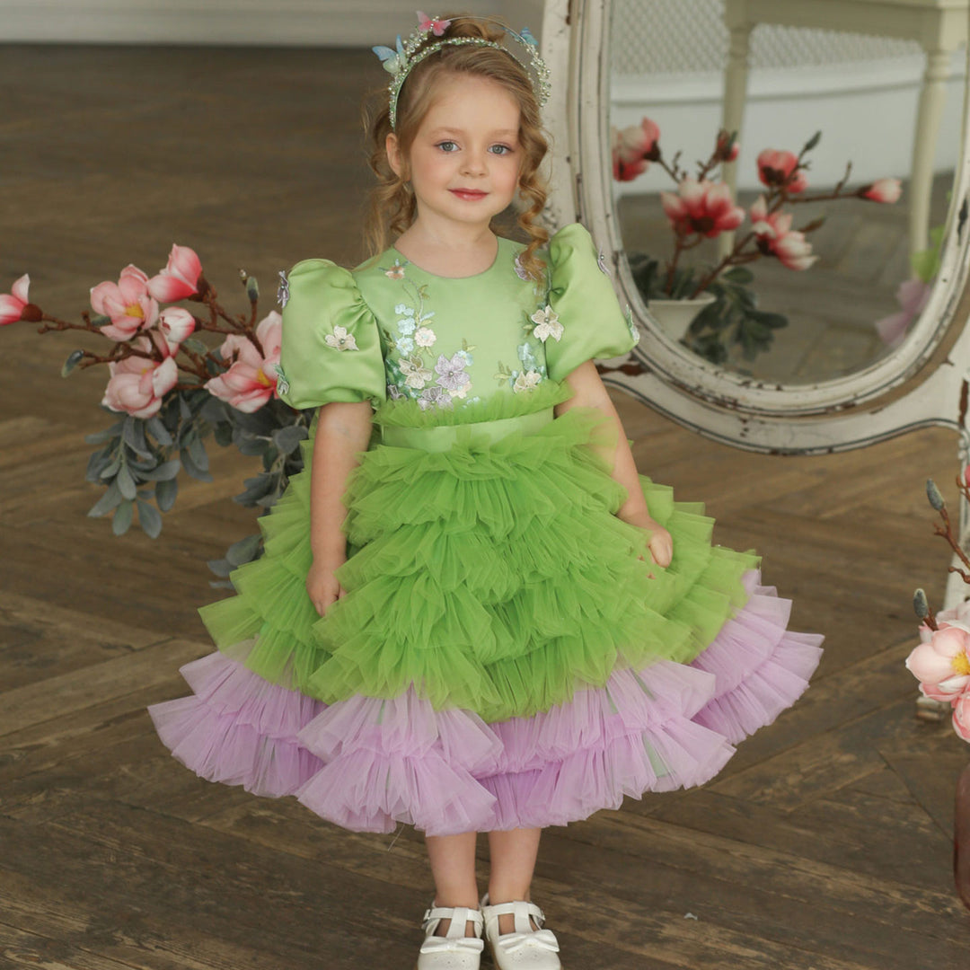 DreamyVow Elegant Sage Green Tulle Girl Dress 3D Flowers knee Length Arabic J174