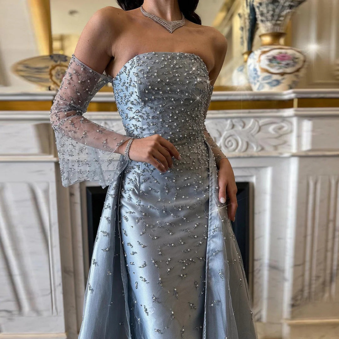 Dreamy Vow Arabic Silver Gray Luxury Dubai Evening Dress with Overskirt Sleeves Woman Wedding Party Elegant Prom Formal Gowns SS484