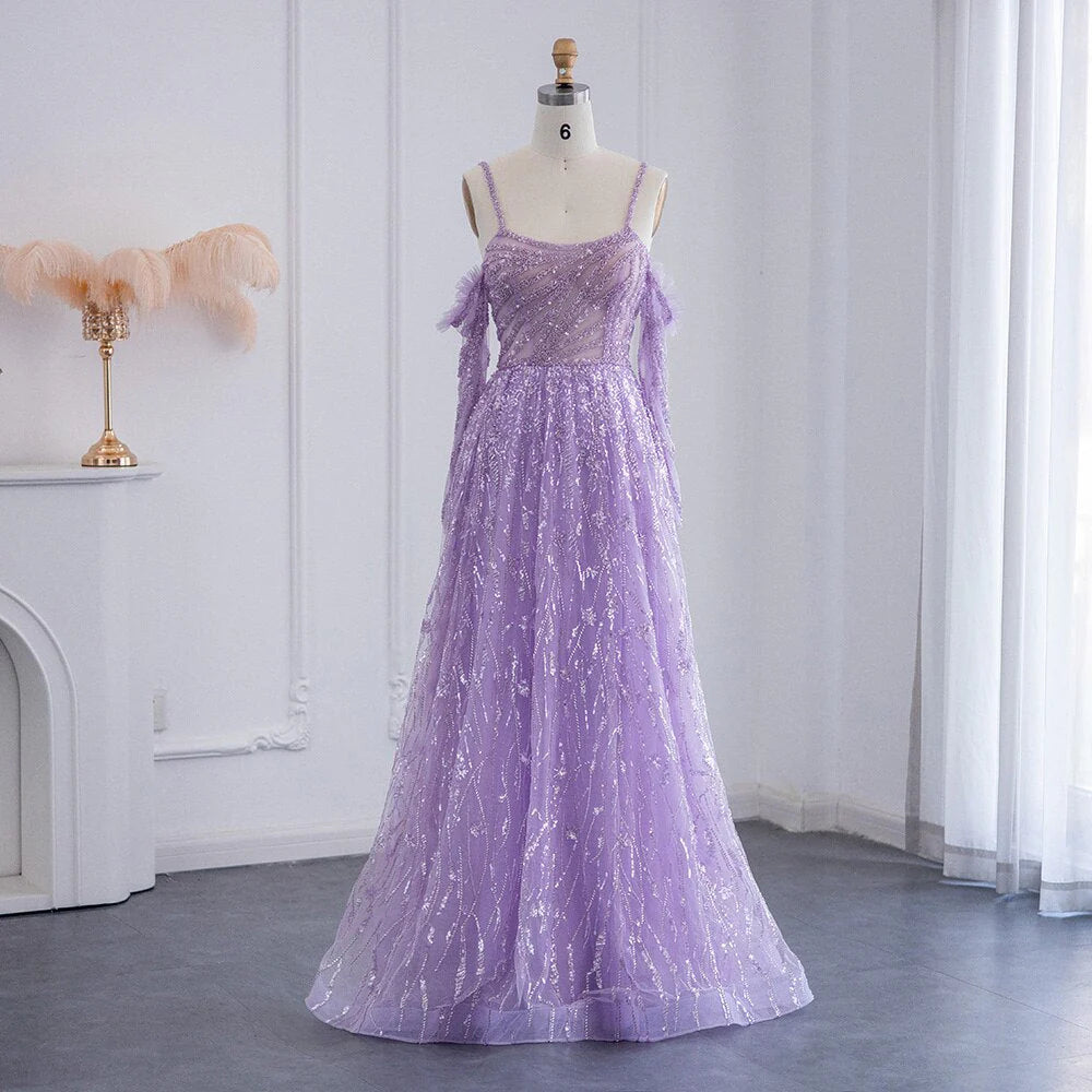 Dreamy Vow For Sale Luxury Beaded Lilac Spaghetti Evening Dress SS258