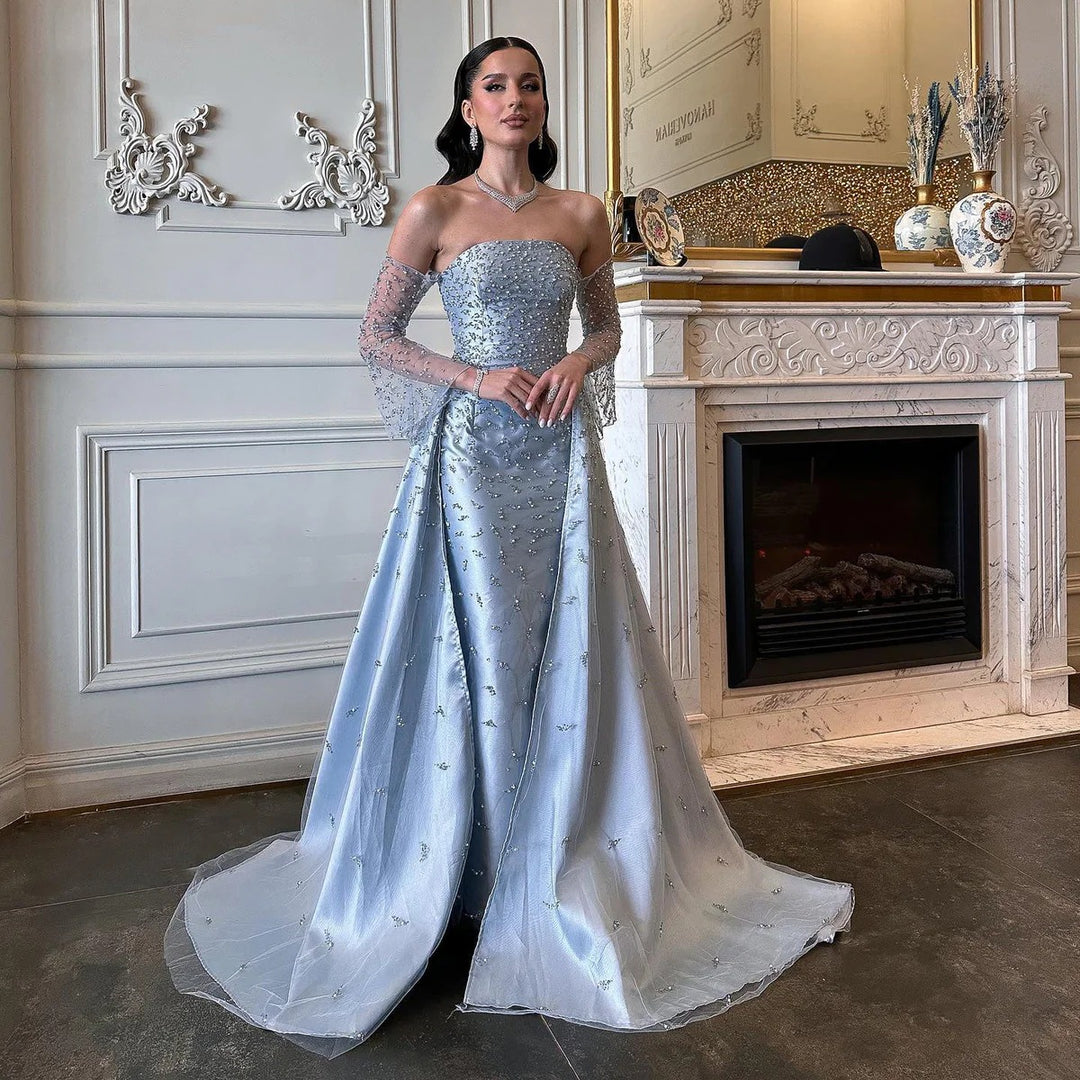 Dreamy Vow Arabic Silver Gray Luxury Dubai Evening Dress with Overskirt Sleeves Woman Wedding Party Elegant Prom Formal Gowns SS484