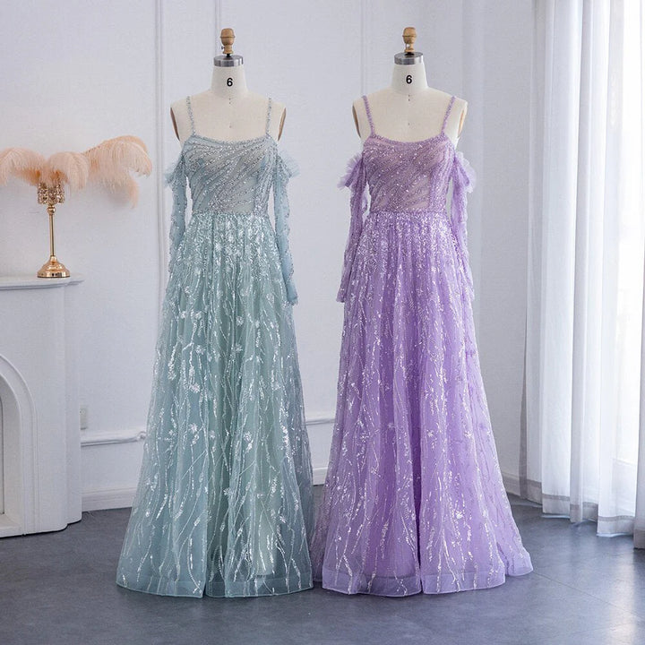 Dreamy Vow For Sale Luxury Beaded Lilac Spaghetti Evening Dress SS258