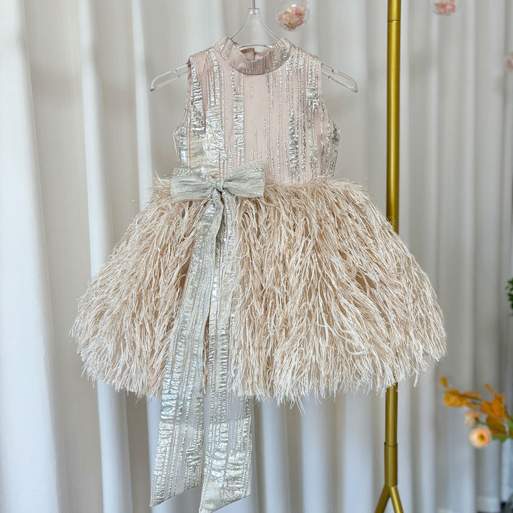 DreamyVow Luxury Champagne Girl Dress Feathers Dubai Kids Pink J323