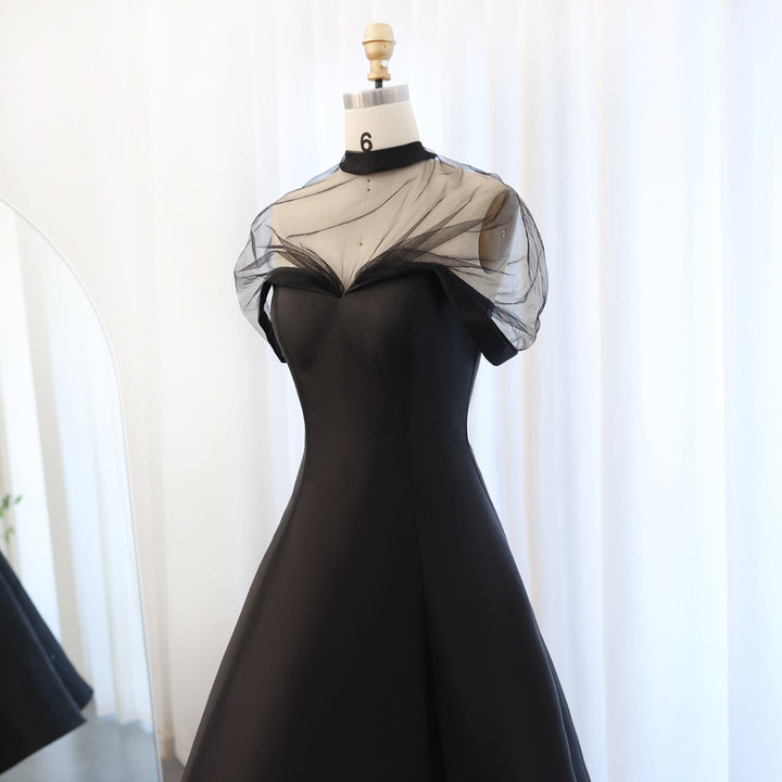 Elegant Black Strapless A-Line Evening Dress with Cape SF026