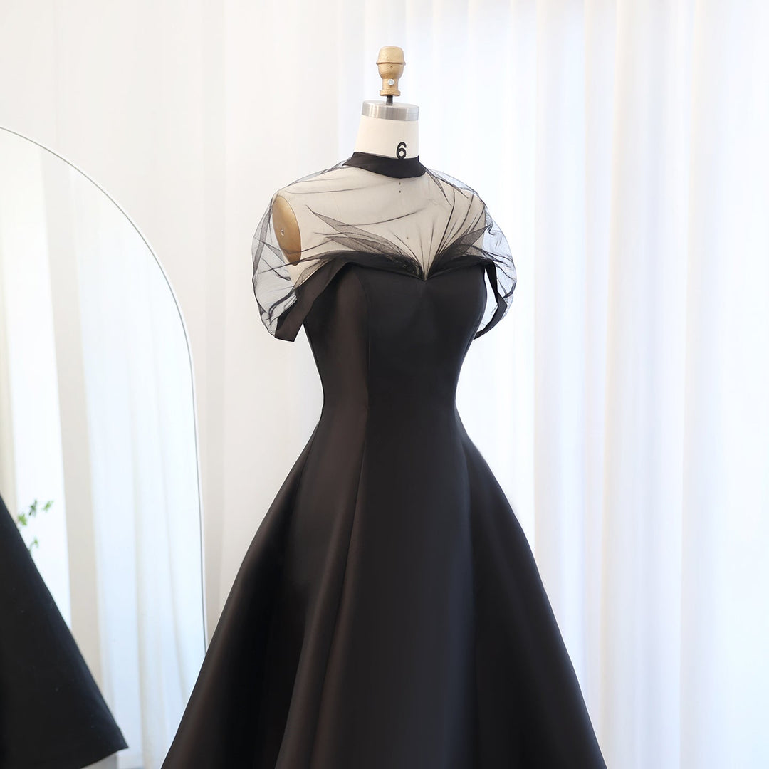 Elegant Black Strapless A-Line Evening Dress with Cape SF026