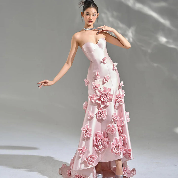 Dreamy Vow Elegant Pink 3D Flowers Strapless Evening Dress SF025