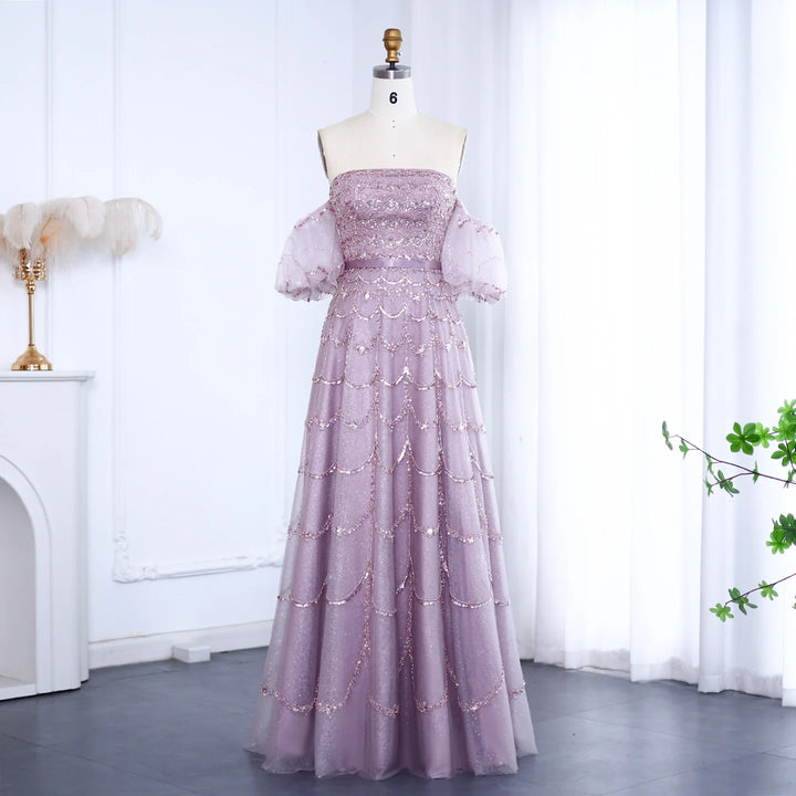 Dreamy Vow Elegant Strapless Dubai Pink Evening Dress with Puff Sleeves SS037