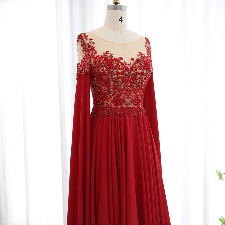 Dreamy Vow Elegant Wine Red Chiffon Beaded Luxury Evening Dress with Cape Sleeves SS298