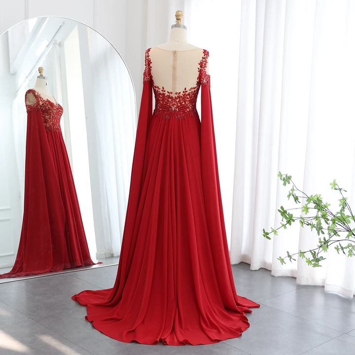 Dreamy Vow Elegant Wine Red Chiffon Beaded Luxury Evening Dress with Cape Sleeves SS298