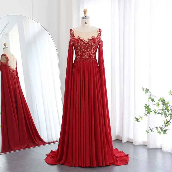 Dreamy Vow Elegant Wine Red Chiffon Beaded Luxury Evening Dress with Cape Sleeves SS298