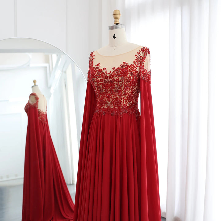 Dreamy Vow Elegant Wine Red Chiffon Beaded Luxury Evening Dress with Cape Sleeves SS298