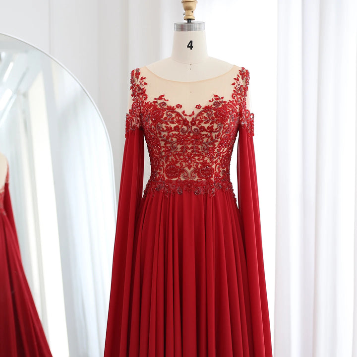 Dreamy Vow Elegant Wine Red Chiffon Beaded Luxury Evening Dress with Cape Sleeves SS298