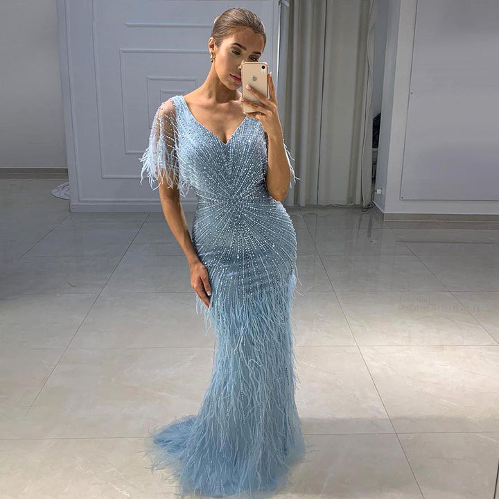 Dreamy Vow xury Dubai Feathers Khaki Mermaid Evening Dresses 2023 Elegant for Woman Wedding Party Gowns Cape Sleeves 210