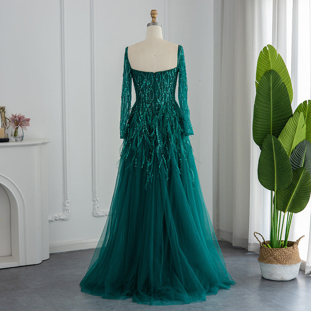 Dreamy Vow Luxury Dubai Feathers Lilac Evening Dresses for Women Wedding Elegant Emerald Green Arabic Formal Party Gowns 351