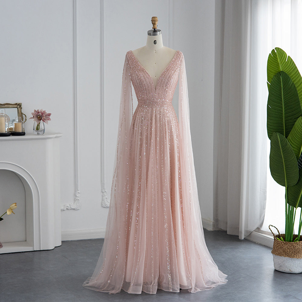 Dreamy Vow Luxury Nude Dubai Evening Dress with Cape Sleeves Blush Pink Arabic Formal Dresses for Women Wedding Party SS322