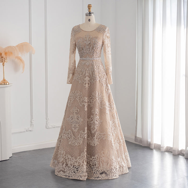 Dreamy Vow For Sale Champagne Lace Long Sleeves Evening Dress SS193