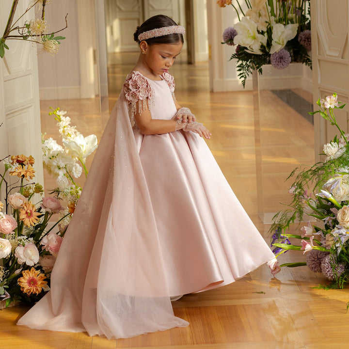 DreamyVow Luxury Dusty Pink Girl Dress Beadeds Arabic with Cap Handmade Flowers Princess Kids Wedding Birthday Party Gown J037